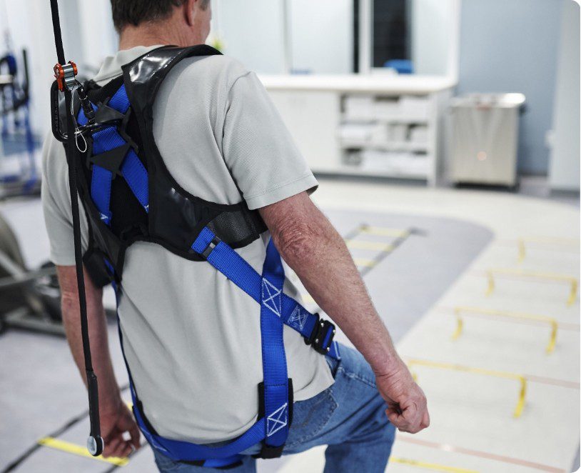 close up of solo-step harness in use for physical therapy
