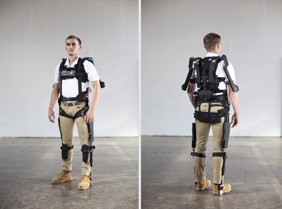 A front and back view of a man wearing an exoskeleton on his legs and torso